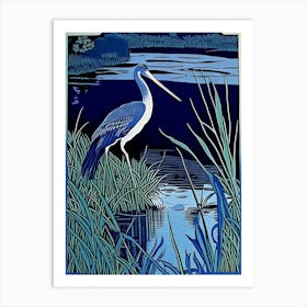 Blue Heron On Pond Vintage Linocut 1 Art Print