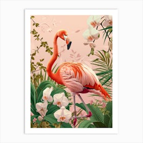 American Flamingo And Orchids Minimalist Illustration 4 Art Print