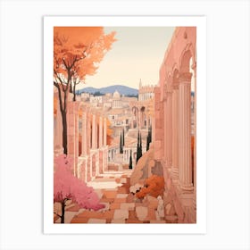 Athens Greece 2 Vintage Pink Travel Illustration Art Print