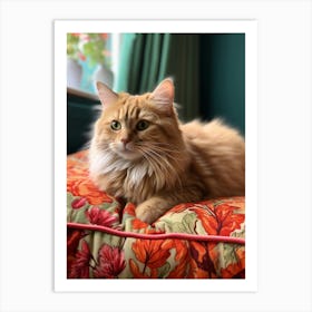 Realistic Photography Of Cat Resting On Floral Ottoman 3 Art Print