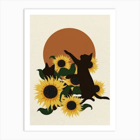 MInimal art Cat And Sunflowers Art Print
