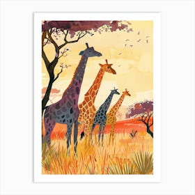 Herd Of Giraffe At Sunset Watercolour Illustration Art Print