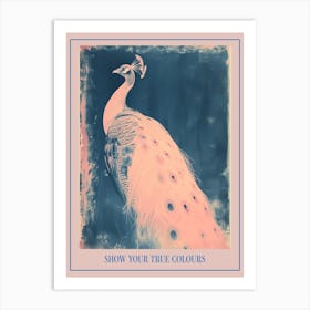 Pink & Blue Cyanotype Peacock Portrait Poster Art Print