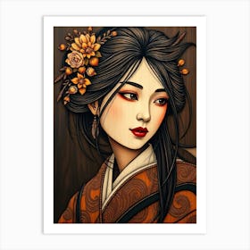 Geisha Wood Carve Portrait Art Print