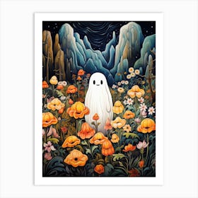 Cute Bedsheet Ghost, Botanical Halloween Watercolour 156 Art Print