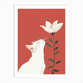 White Cat Smelling Flower Art Print