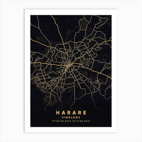 Harare Zimbabwe Black And Gold Map Art Print