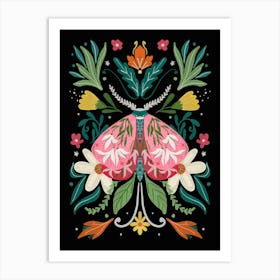 Moth Florals Flowers Black Art Print