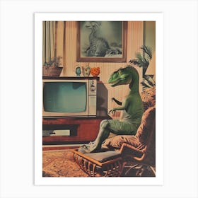 Retro Collage Dinosaur Watching Tv 1 Art Print