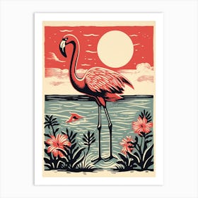 Vintage Bird Linocut Flamingo 4 Art Print