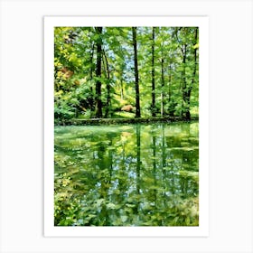 Serene River Landscape. The image depicts a tranquil river scene with lush greenery and a clear blue sky. A winding path leads through a forest of tall trees with vibrant green leaves, bordering the river. The water reflects the sky and surrounding foliage, creating a mirror-like surface. In the foreground, a weathered tree stump stands beside the path, adding a touch of rustic charm. 3 Art Print