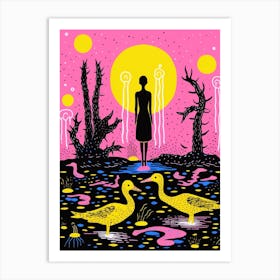 Linocut Inspired Ducks In The Forest With A Silhouette Art Print