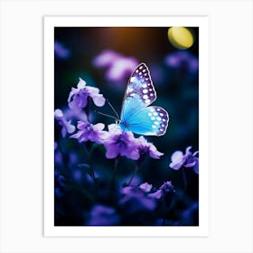 Blue Butterfly On Purple Flowers 1 Art Print