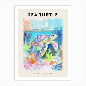 Colourful Sea Turtle Exploring Deep Into The Ocean Crayon Doodle Poster 3 Art Print