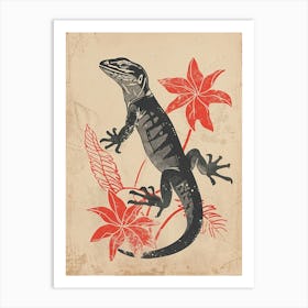 Lizard And Leaves Black Red Block Print Art Print