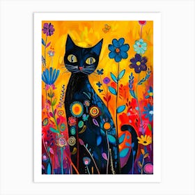 Black Cat In Flowers 1 Art Print