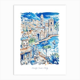 Amalfi Coast Illustration Line Art Italy Travel Blue Art Print