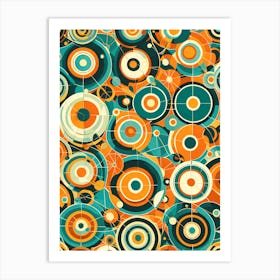 A Vibrant Retro Futuristic Seamless Pattern Featuring Stylized Atoms Starbursts And Geometric Shapes in shades of blue, white and orange, 274 Art Print