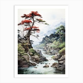 Iya Valley In Tokushima, Japanese Brush Painting, Ukiyo E, Minimal 3 Art Print