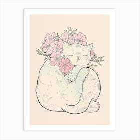 Cute Fluffy Cat With Flowers Illustration 2 Art Print