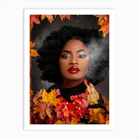 Digital Art Of A Black Woman With Peach Lips And Black Hair Amid A Collage Of Red Orange And Yello Art Print