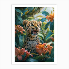 A Happy Front faced Leopard Cub In Tropical Flowers 17 Art Print