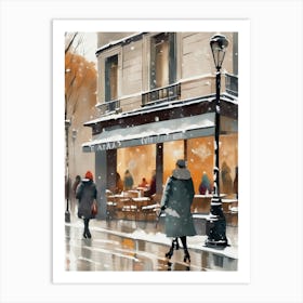 Paris cafes, winter season, Christmas, autumn oil colors, pale colors, pedestrians in the street, winter clothes, falling snow.4 Art Print