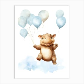 Baby Hippopotamus Flying With Ballons, Watercolour Nursery Art 4 Art Print