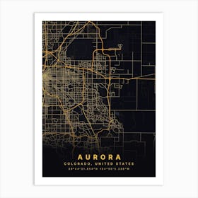 Aurora Colorado USA Black And Gold Map Art Print