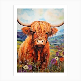 Illustration Of Highland Cow With Wildflowers 4 Art Print