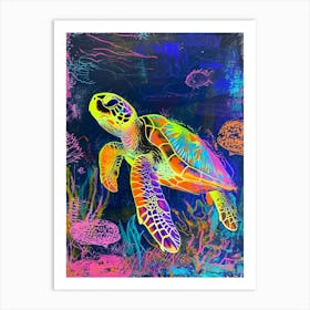 Neon Underwater Sea Turtle Doodle 3 Art Print