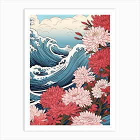 Great Wave With Aster Flower Drawing In The Style Of Ukiyo E 3 Art Print