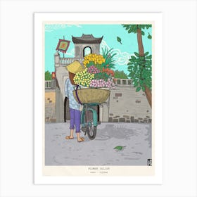 Vietnam Travel Art Print - Hanoi Street Art - Flower Seller Vendor Hawker Illustration - Vietnamese Culture Art Print Art Print