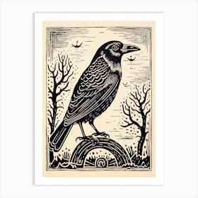 B&W Bird Linocut Crow 2 Art Print