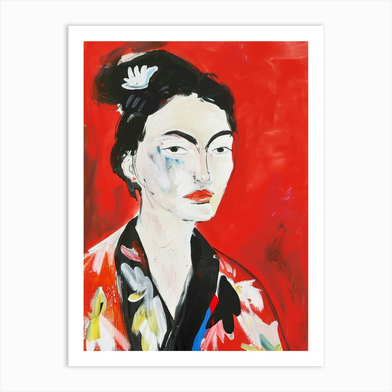 Japanese Woman In Red Kimono. Acrylic Portrait Art Print by alenaganzhela