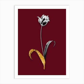 Vintage Didiers Tulip Black and White Gold Leaf Floral Art on Burgundy Red n.0738 Art Print