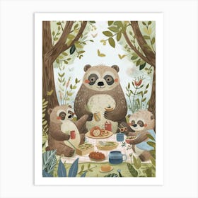 Sloth Bear Family Picnicking In The Woods Storybook Illustration 3 Art Print