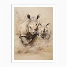 Action Illustration Of Rhinos Running 3 Art Print