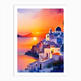 Santorini Greece Water Colour Sunset 3 Art Print
