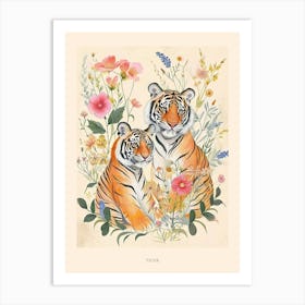 Folksy Floral Animal Drawing Tiger 10 Poster Art Print