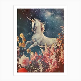 Floral Unicorn In Space Retro Collage 3 Art Print