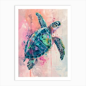 Sea Turtle Swimming Pink & Blue 4 Art Print