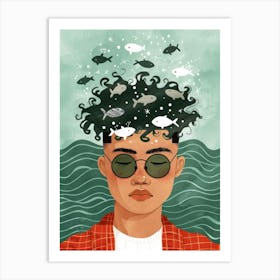 Illustration Of A Man With Fish In His Head Art Print