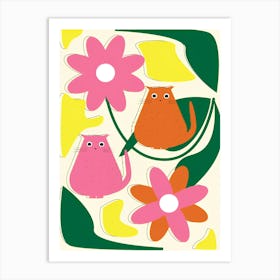 Cat And Flower Cat Cartoon Flower Colorful Kitten Art Print