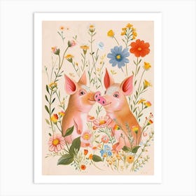 Folksy Floral Animal Drawing Pig Art Print