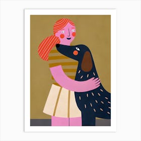 Big Black Dog And Woman Girl Cuddling Stunding Art Print