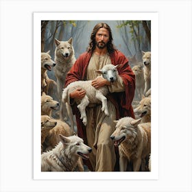 Jesus Saving Sheep From Wolves - Ai Art Print