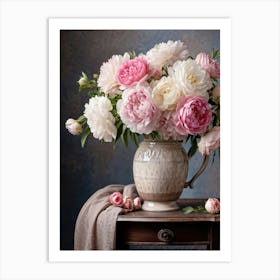 Vase Holding An Assortment Of Blooming Roses And Peonies Placed Centrally On An Antique Mahogany Ta Art Print