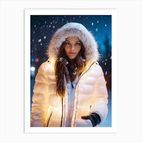 Woman in glowing mystic down jacket in falling snow Art Print