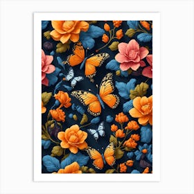 Ai Generated Seamless Pattern With Flowers And Butterflies Art Print